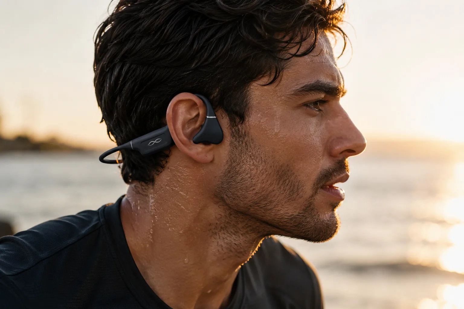Runner at sunset wearing KING WAVE open-ear headphones