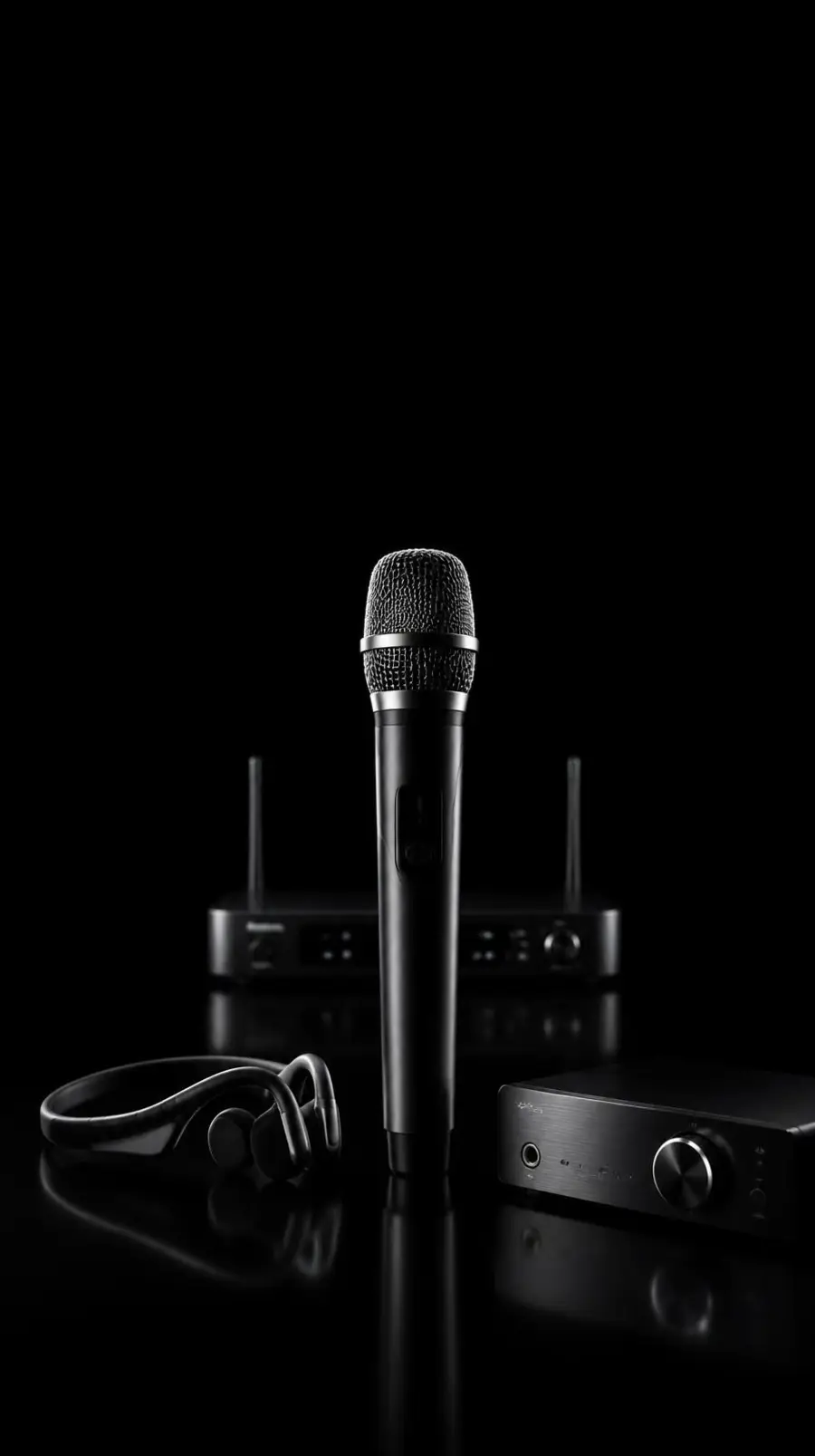 Vertical studio composition of a KING WAVE wireless microphone with receiver, amplifier and open-ear headphones