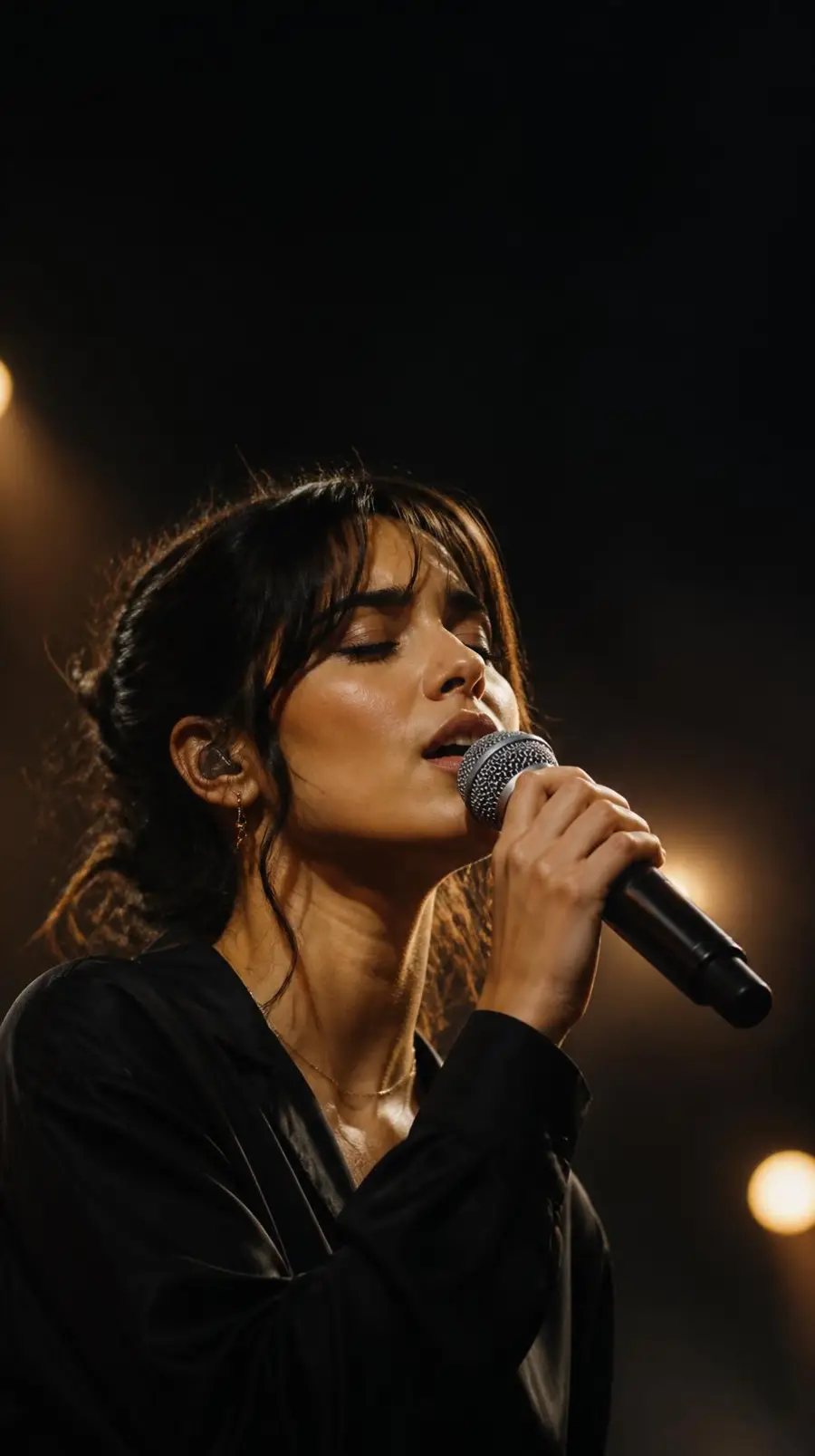 Close portrait of a performer singing into a KING WAVE professional wireless microphone on a dark stage