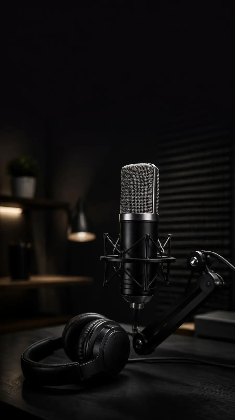 KING WAVE studio microphone on a desk boom arm with studio headphones in a dark creator studio