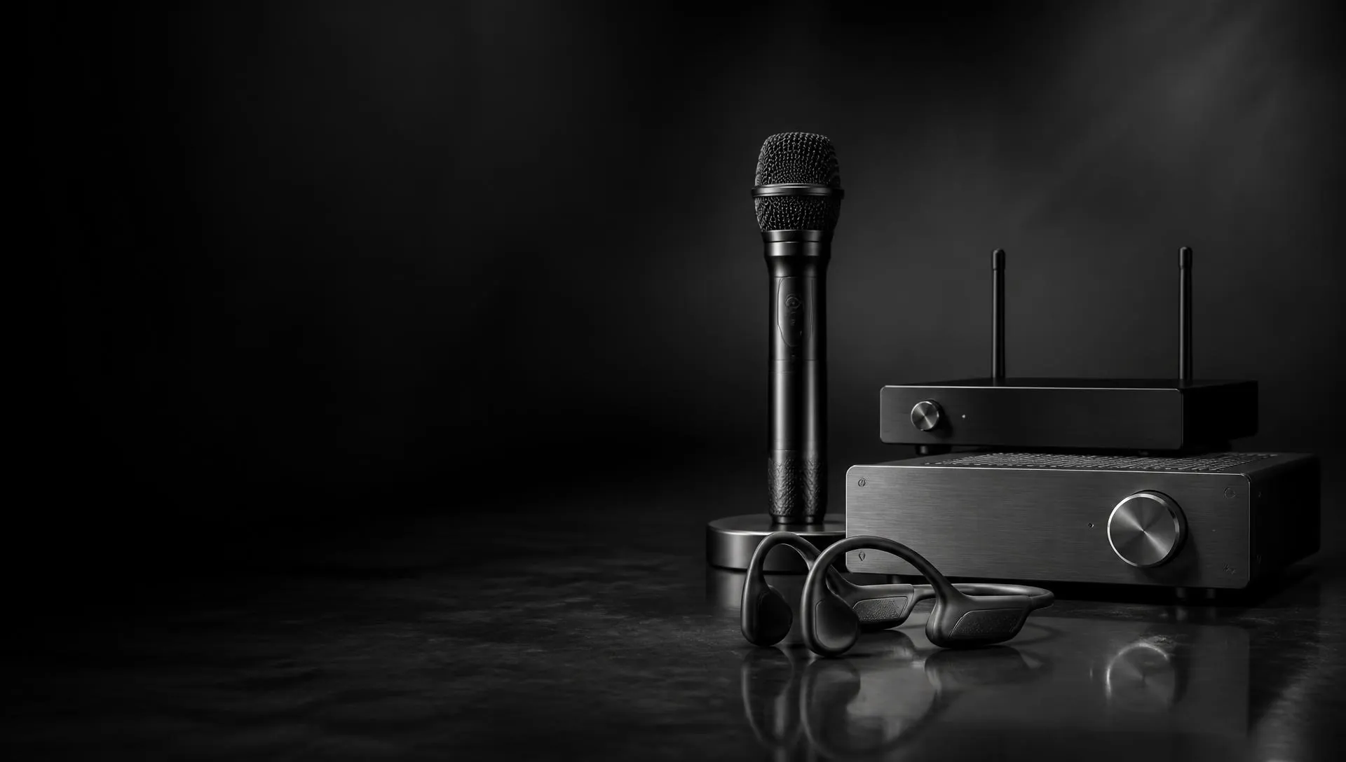 KING WAVE microphone, wireless receiver, amplifier and open-ear headphones staged in a black studio