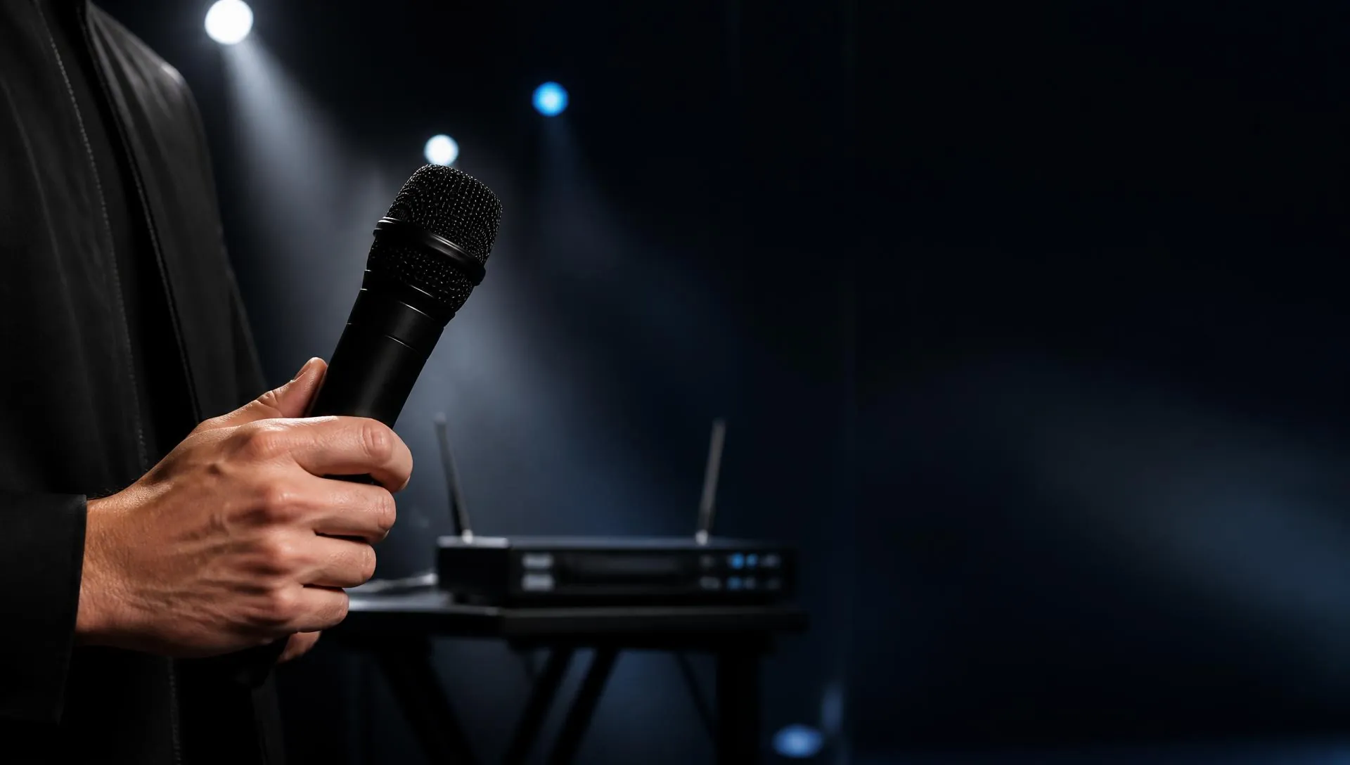 Performer holding a KING WAVE professional wireless microphone on a dark stage