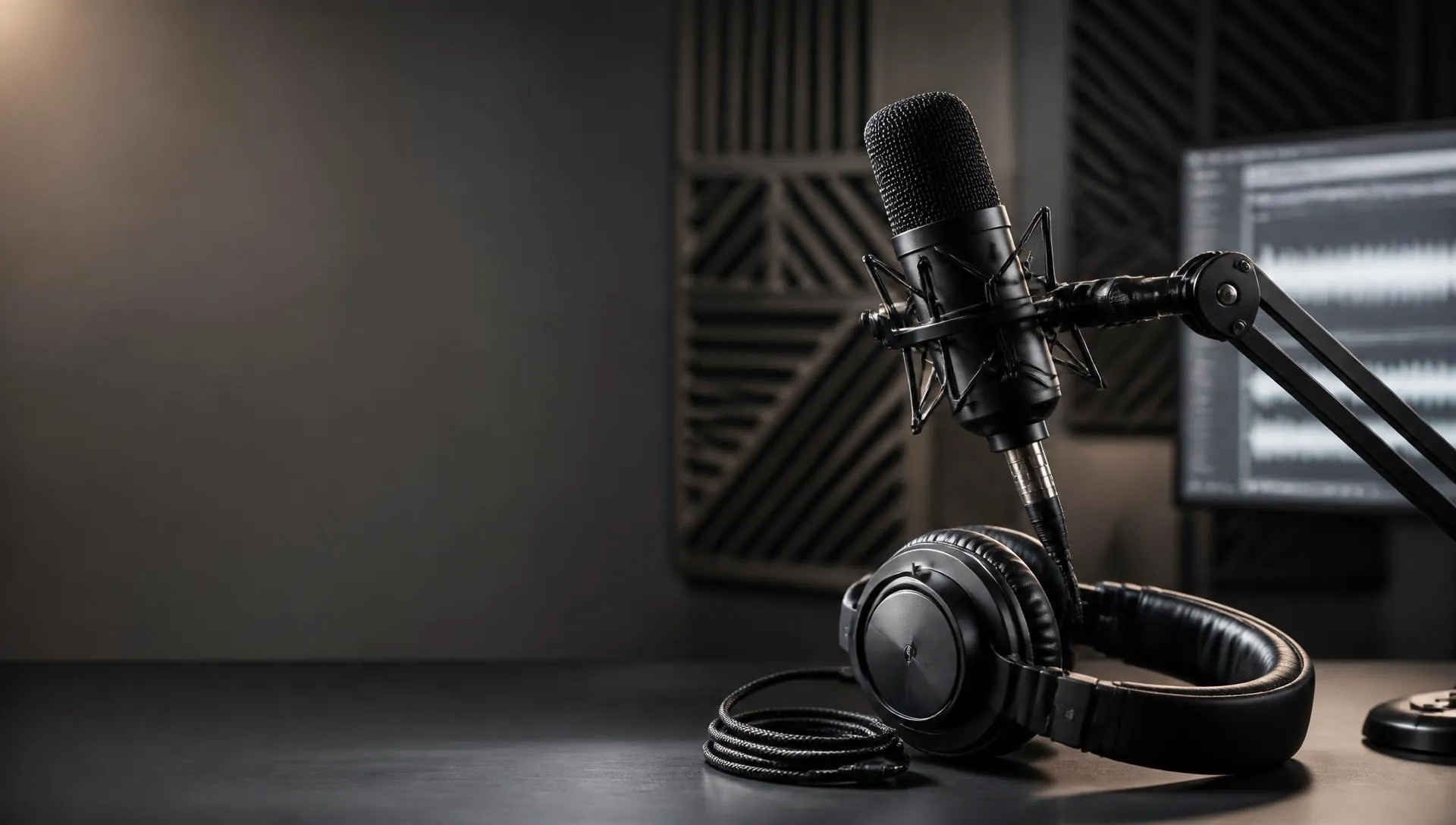 KING WAVE studio microphone and headphones in a modern creator studio